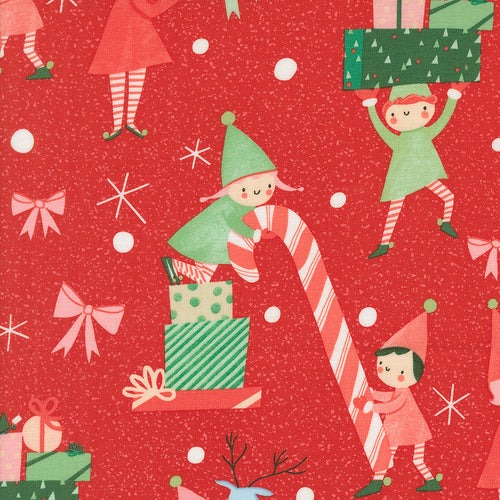Tiny Christmas Elves and Presents Red by Lizzy House