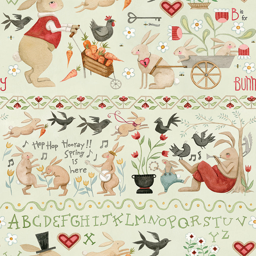 Hop Hop Hooray - Bunny Border Stripe Flax by Teresa Kogut