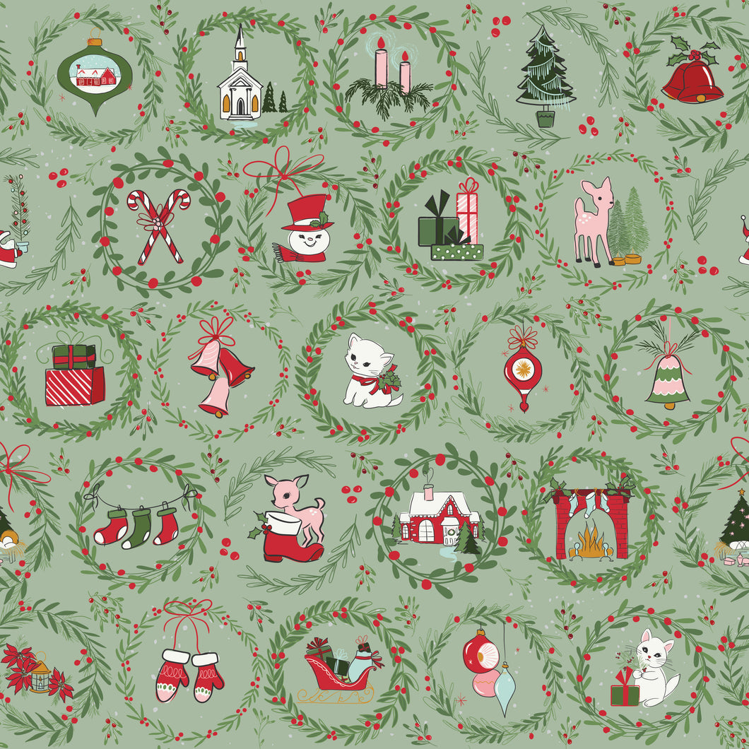 Mistletoe and Holly Wreaths Sage by Beverly McCullough
