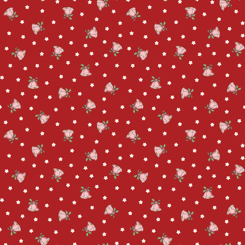 Mistletoe and Holly Scattered Bells Barn Red by Beverly McCullough