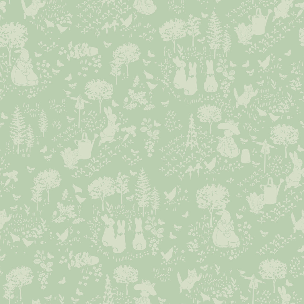 COMING SOON - Peter Rabbit and Benjamin Bunny Tonal Garden Green by Beatrix Potter for Riley Blake Designs
