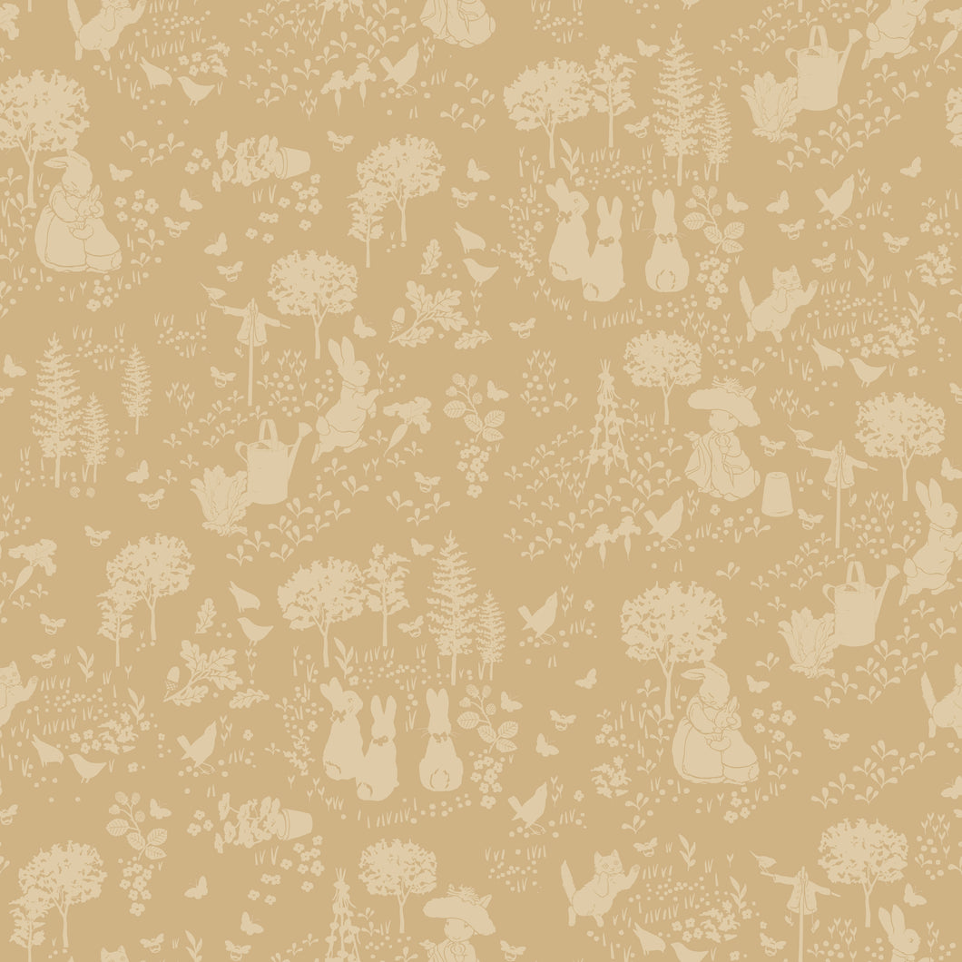 COMING SOON - Peter Rabbit and Benjamin Bunny Tonal Garden Tan by Beatrix Potter for Riley Blake Designs