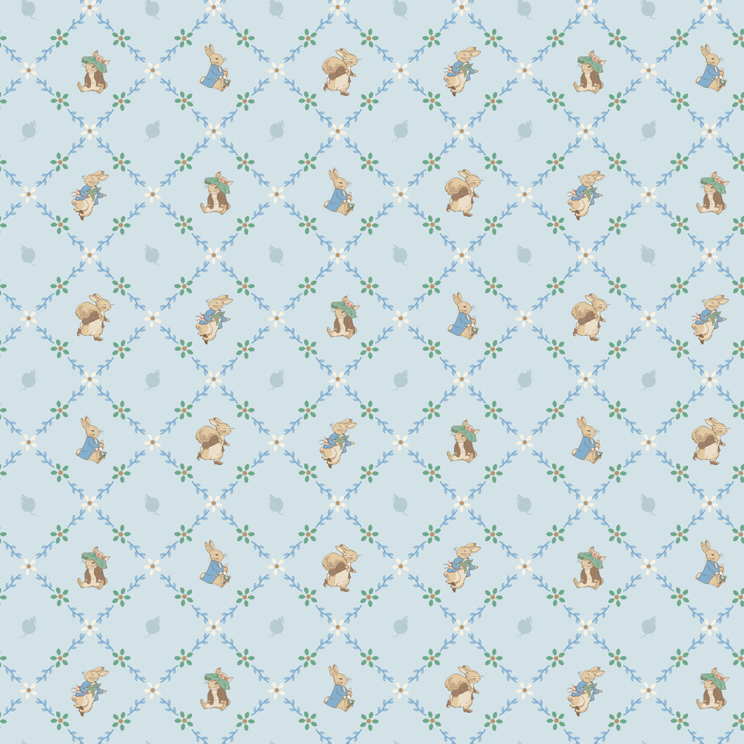 COMING SOON - Peter Rabbit and Benjamin Bunny Lattice Blue by Beatrix Potter for Riley Blake Designs