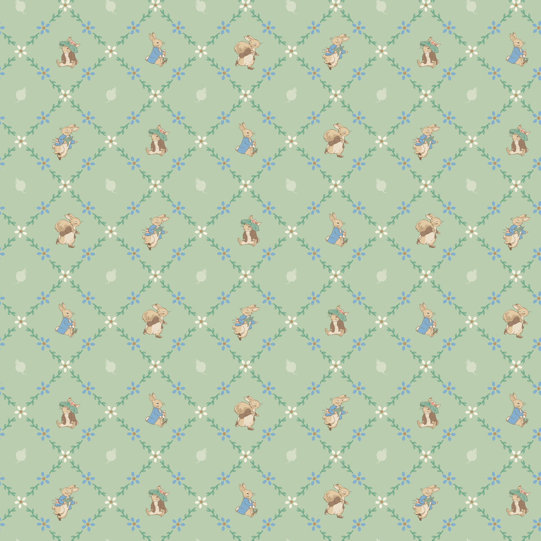 COMING SOON - Peter Rabbit and Benjamin Bunny Lattice Green by Beatrix Potter for Riley Blake Designs