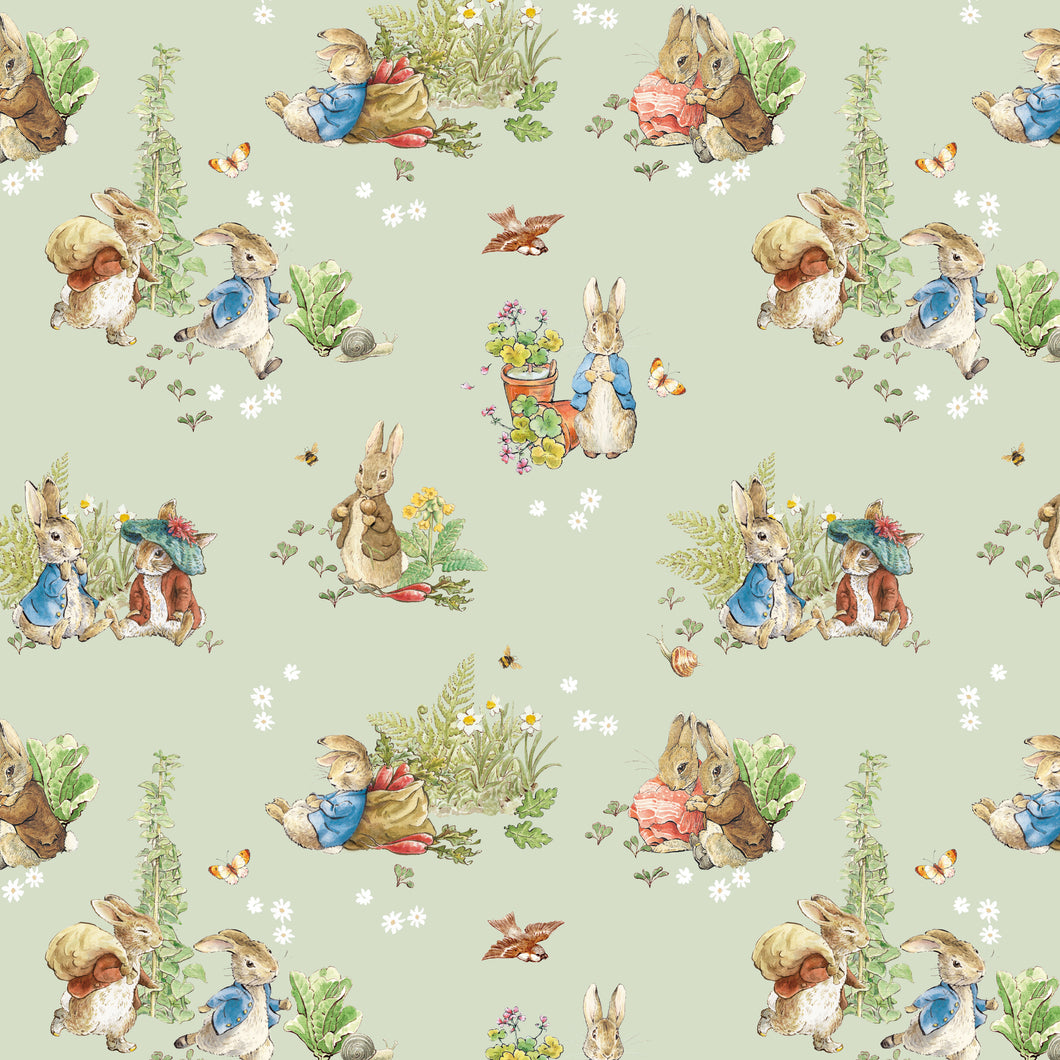 COMING SOON - Peter Rabbit and Benjamin Bunny Main Green by Beatrix Potter for Riley Blake Designs