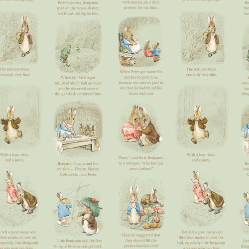 COMING SOON - Peter Rabbit and Benjamin Bunny Story Time Green by Beatrix Potter for Riley Blake Designs