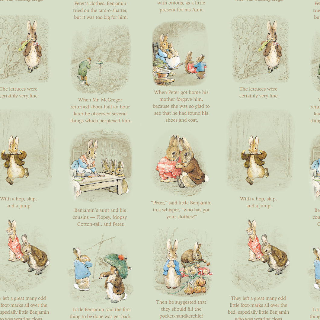 COMING SOON - Peter Rabbit and Benjamin Bunny Story Time Green by Beatrix Potter for Riley Blake Designs