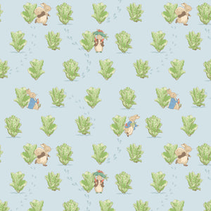 COMING SOON - Peter Rabbit and Benjamin Bunny Lettuce Patch Blue by Beatrix Potter for Riley Blake Designs