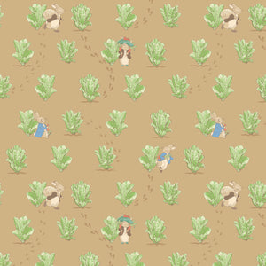 COMING SOON - Peter Rabbit and Benjamin Bunny Lettuce Patch Tan by Beatrix Potter for Riley Blake Designs