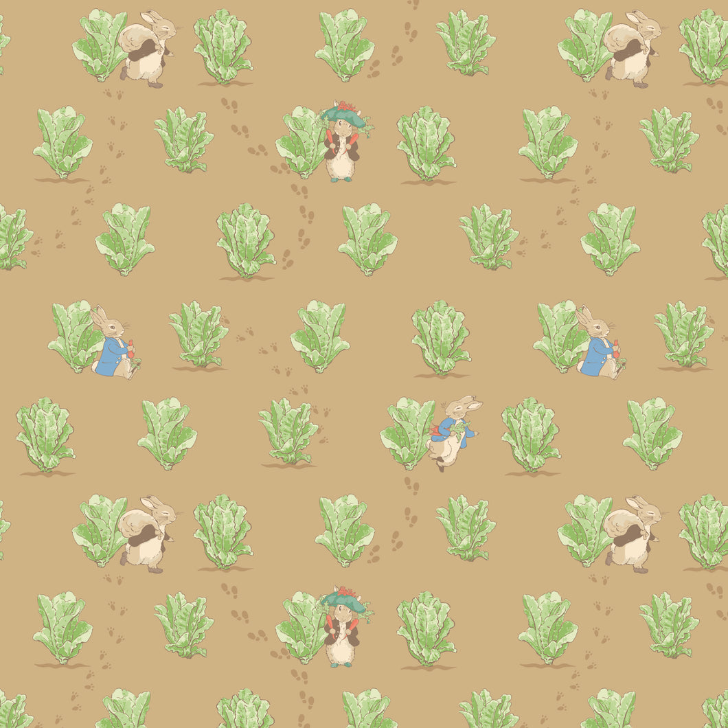 COMING SOON - Peter Rabbit and Benjamin Bunny Lettuce Patch Tan by Beatrix Potter for Riley Blake Designs