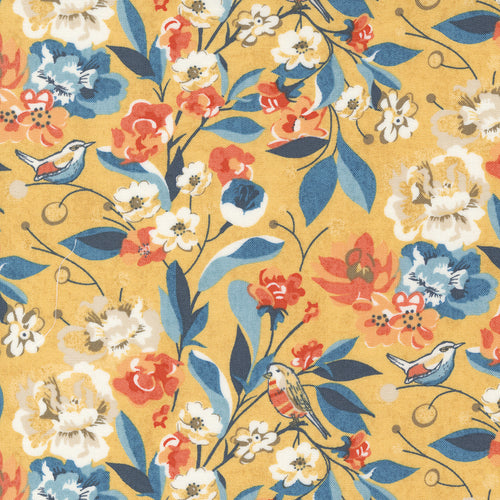 Nutmeg - Large Floral Birds Custard by BasicGre