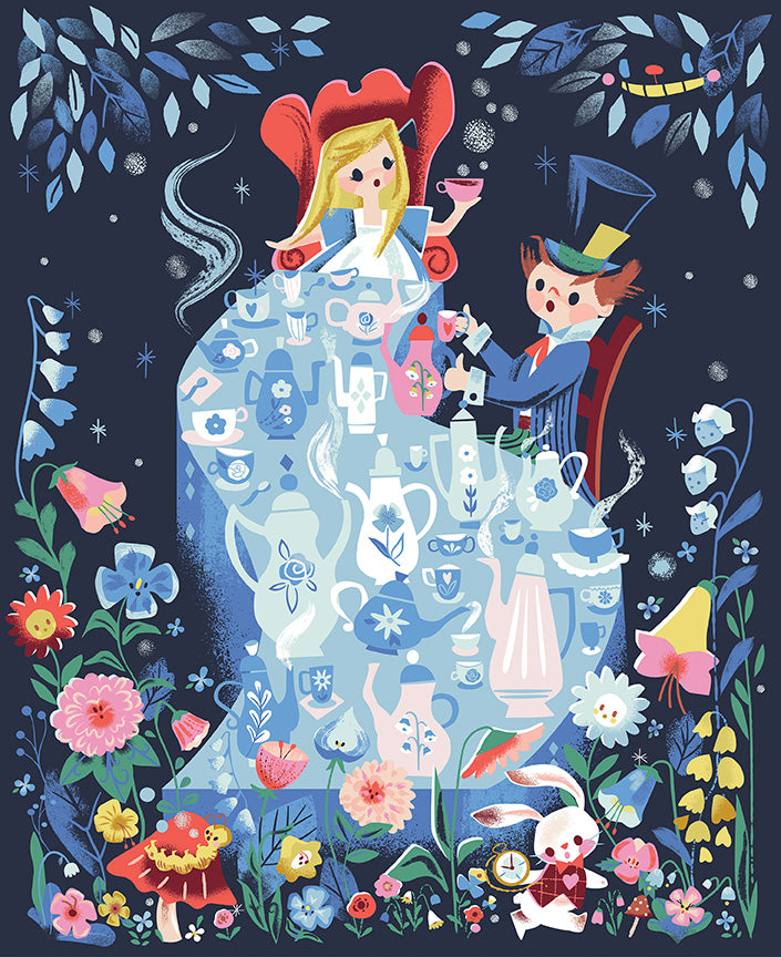 Down the Rabbit Hole - Alice's Party Panel Navy by Jill Howarth